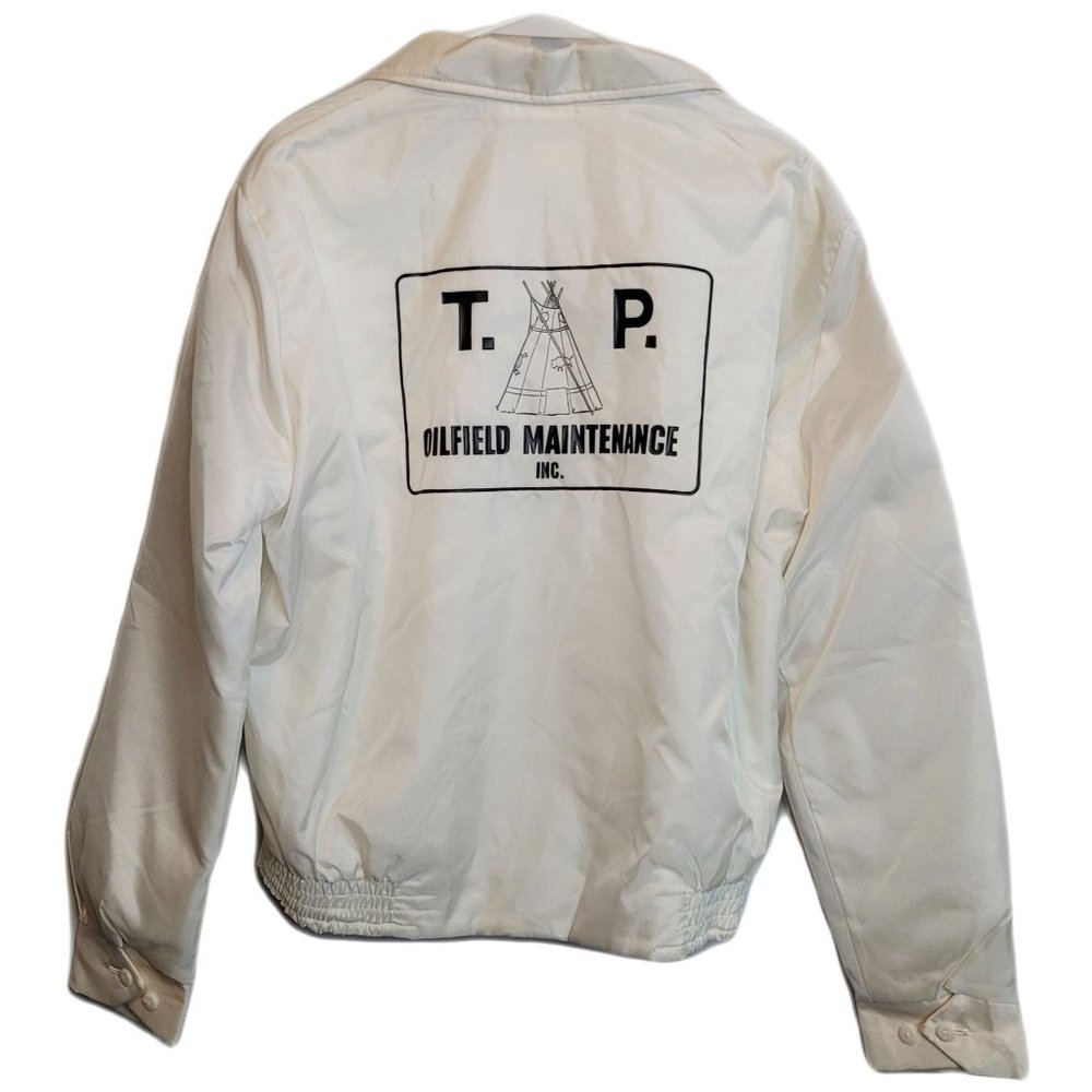 Vintage Satin Jacket White TP Oilfield Maintenance White Black Logo Fleece Lined